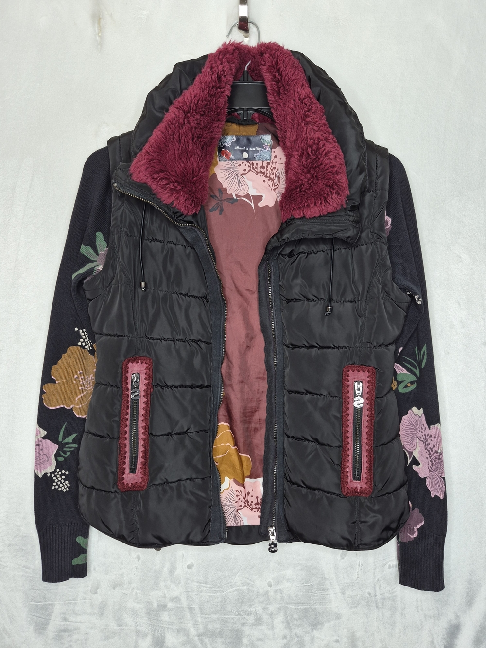 Desigual Floral Convertible Puffer Vest Jacket Detachable Sleeves Faux Fur EU 38